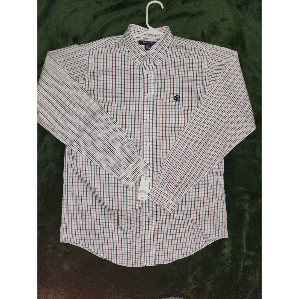 Brooks Brothers Red Fleece Button Down Shirt Men XL White Blue Check 100% Cotton